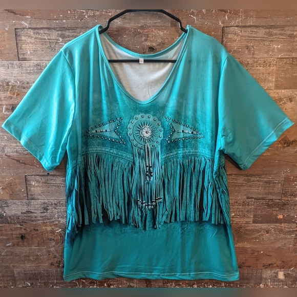 New Turquoise Green Faux Fringe Look Tee - Picture 1 of 15